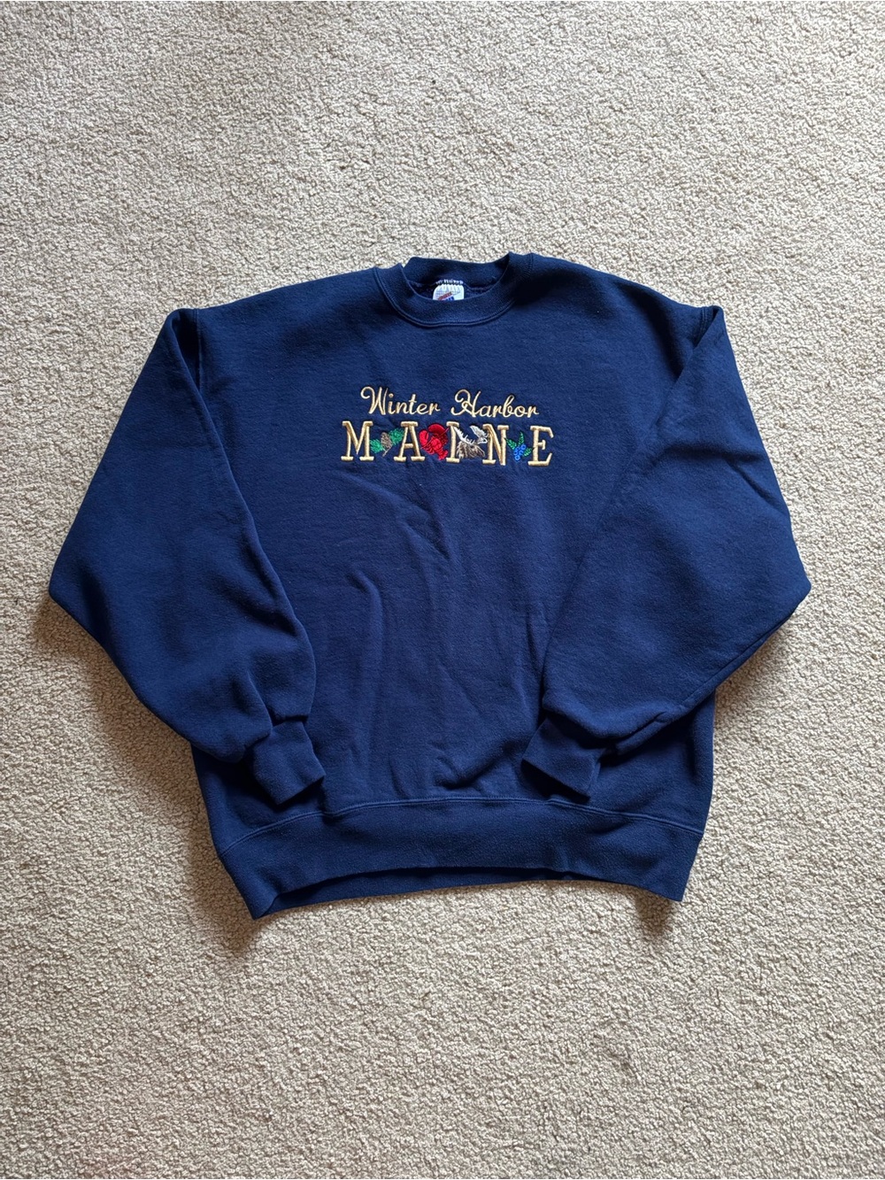 Winter Harbor Maine Embroidered Navy Crewneck Sweatshirt